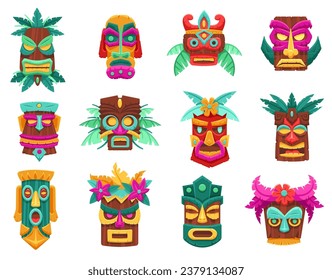 Cartoon tiki masks. Hawaiian bamboo totems, ancient tropical wooden tribal statues and island gods sculptures vector set. Ritual traditional face, African ethic flat idols with grimace