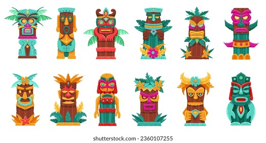 Totem Cartoon tiki. Tropische Holzmaske-Statue, Bambus-Totems auf der Stamminsel und Skulpturen aus hawaiianischen Göttern, einzelne Vektorgrafik-Set. Verschiedene rituelle Idole, Azteken mit Blättern