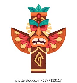 Cartoon tiki totem. Wooden ritual ethnic statue, hawaiian or african aboriginal culture pole totem flat vector illustration. Traditional carving indigenous sculpture