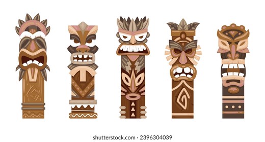 Cartoon tiki totems. Aboriginal wooden statues, ritual pole totems flat vector illustration set. Indigenous traditional sculptures