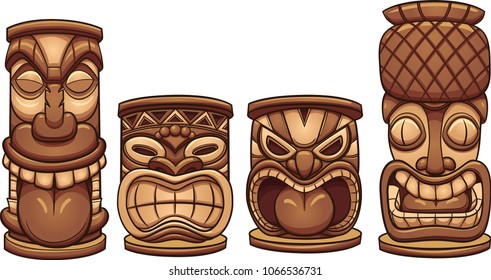 Cartoon tiki totems of different sizes. Vector clip art illustration with simple gradients. Each on a separate layer.
