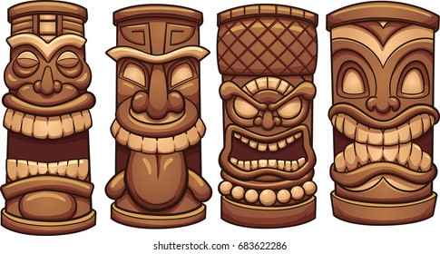 Cartoon tiki totems. Vector clip art illustration with simple gradients. Each on a separate layer. 