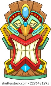 Cartoon Tiki Tribal Wooden Mask. Vector Hand Drawn Illustration Isolated On Transparent Background