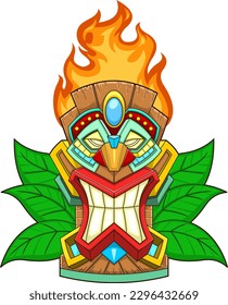 Cartoon Tiki Tribal Wooden Mask With Flames And Leaves. Vector Hand Drawn Illustration Isolated On Transparent Background