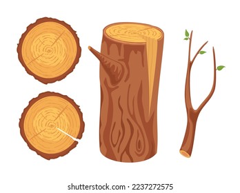 Madera de dibujos animados. Material de construcción de maderas duras conjunto aislado vectorial. Madera y tronco, trozo y tabla. Leña de leña de madera. Registros y tableros para la industria forestal conjunto de dibujos animados de ilustraciones vectoriales