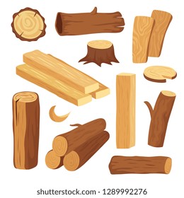 Cartoon timber. Wood log and trunk, stump and plank. Wooden firewood logs. Hardwoods construction materials vector isolated set