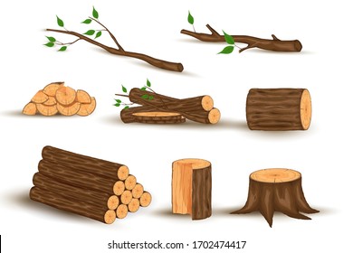 Cartoon timber. Wood log and trunk, stump and plank. Wooden firewood logs. Hardwoods construction materials