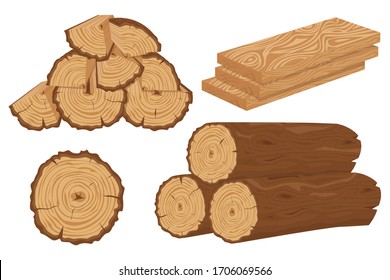 Cartoon timber. Wood log and trunk, stump and plank. Logs and boards for the forest industry set cartoon vector illustration