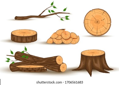 Cartoon timber. Wood log and trunk, stump and plank. Wooden firewood logs. Hardwoods construction materials vector isolated set