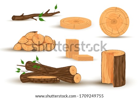 Cartoon timber. Wood log and trunk, stump and plank. Wooden firewood logs. Hardwoods construction materials vector isolated set