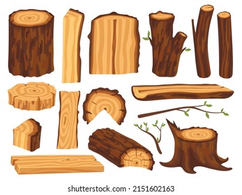 Madera de dibujos animados. Leña y troncos de madera, madera de madera. Ramas de árboles, objetos forestales naturales aislados. Materiales ecológicos para la construcción, conjunto de vectores limpios