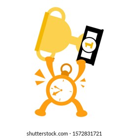 cartoon time clock on gold trophy winner competition doodle vector illustration flat design style