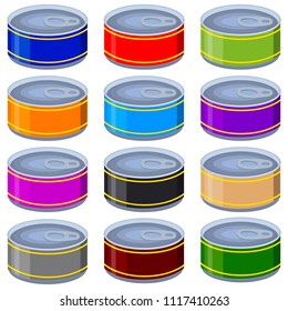 Cartoon tin can mock up set. Colorful pattern vector background. Illustration elements can be used as icon, sticker, patch, label, badge, certificate or gift card decoration