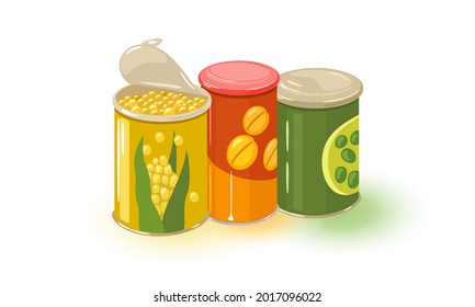 Cartoon of tin containers with boiled corn and green beans. Vector summer preservation, grandmother conserve, farm product, harvesting for winter. Idea of vegetarianism isolated on white