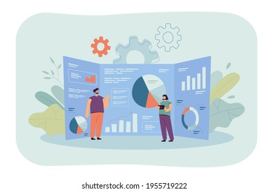Pequeños analistas de dibujos animados y gigantesco tablero de investigaciones con datos. Ilustración vectorial plana. Jóvenes estudiando estrategia empresarial. Negocio, análisis, concepto de investigación para diseño de banners o página de inicio