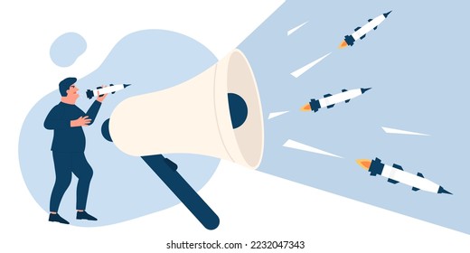 Cartoon tiny angry man propagandist in military uniform holding rocket in hand, missiles flying out of megaphone. Propaganda and hate, disinformation about conflict concept vector illustration.