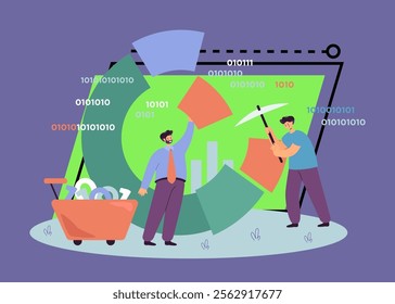 Cartoon tiny characters standing near diagram and collecting information using pick and cart. Process of software analysis, diagram research flat vector illustration. Data mining industry concept
