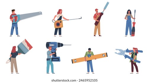 Cartoon tiny craftsmen characters. Repairman in work clothes, men and women with large professional construction tools, drill screwdriver and saw in hands, nowaday vector isolated set