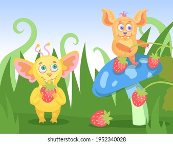 Cartoon tiny funny monsters collecting berries in grass. Flat vector illustration. Happy colorful creatures characters, gathering wild strawberry near giant mushroom. Fairytale, magic animals concept