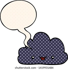 cartoon tiny happy cloud with speech bubble in comic book style