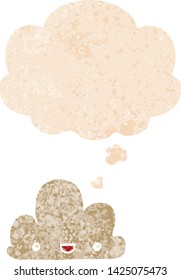 cartoon tiny happy cloud with thought bubble in grunge distressed retro textured style
