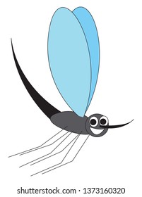 Un pequeño mosquito caricaturista con alas de color azul cuerpo de color gris y una larga nariz en vuelo listo para infectar a alguien dibujo de color vector o ilustración 