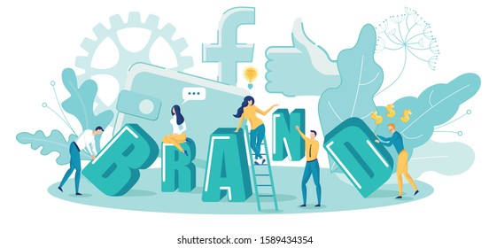 Cartoon Tiny Male and Female People Characters Creating Brand World Lettering. Advertising Flat Banner. Branding Technology and Social Media Marketing Strategy in Network. Vector Illustration