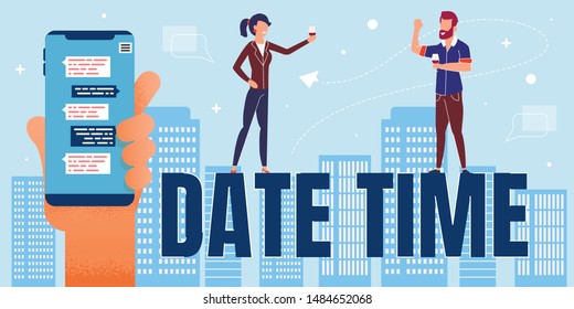 Cartoon Tiny Man and Woman Coworkers Standing on Date Time Word. Colleagues Drinking Beverage, Celebrating Work Week End. Human Hand Hold Phone with Open Corporative Chat. Vector Flat Illustration