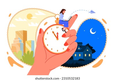 Cartoon tiny man working with laptop, sitting on big retro clock with dial and chain, day and night scenes change inside. Daily routine and circadian rhythm balance of person vector illustration