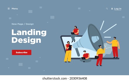 Cartoon tiny managers with giant loudspeaker and laptop. Flat vector illustration. Young people doing business and marketing, attracting customers, promoting goods. Advertisement, marketing concept