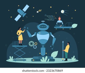 Cartoon tiny people building cyborg with electronic tools, software and AI assistance in factory, futuristic robotic evolution and tech innovation. Robot making technology set vector dark concept