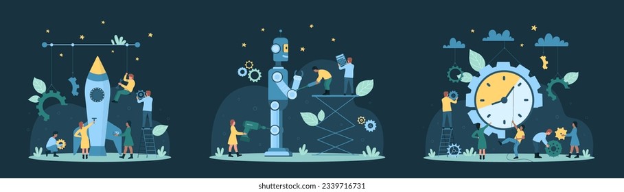 Cartoon tiny people building rocket and robot together to launch new digital product or futuristic project, move hand on clock inside gear for work progress. Tech startup set dark vector illustration