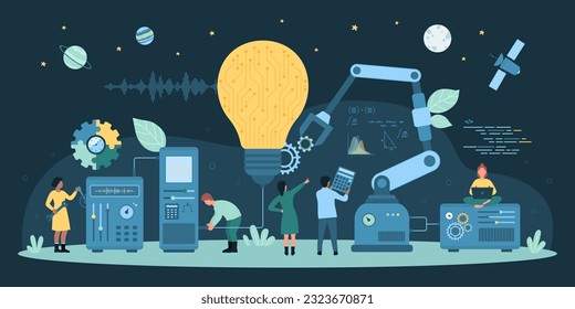 Cartoon tiny people control robot arms to make bright light bulb, work with laboratory equipment, laptop and tools. Project development, improvement of ideas and innovations dark vector illustration.