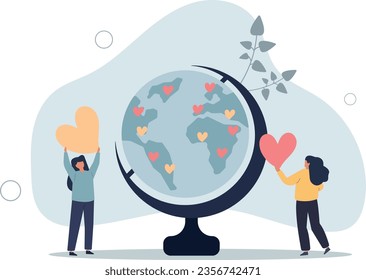 Cartoon tiny people donate love and hearts to world on globe of Earth.flat vector illustration.