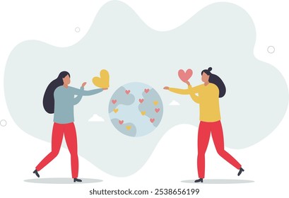 Desenhos animados de pessoas minúsculas doam amor e corações ao mundo no globo dos personagens de Earth.flat.