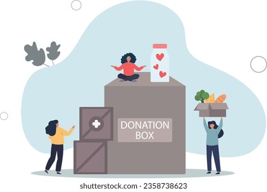 Cartoon tiny people donate money, love hearts and help to donation bank, volunteers give boxes with humanitarian aid to fundraiser volunteering organization.