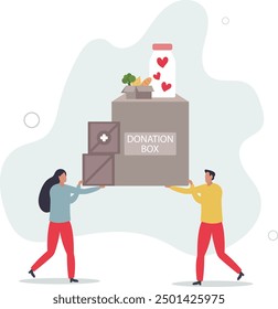 Cartoon tiny people donate money, love hearts and help to donation bank,flat design with people.