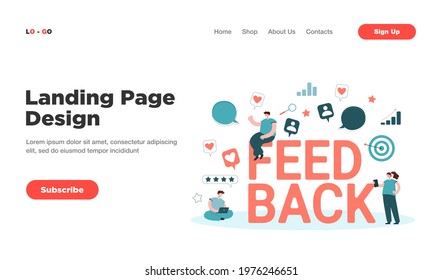 Cartoon tiny people getting or giving feedback online. Flat vector illustration. Customer voting, reviewing, assessment, CRM system. Management, business success concept