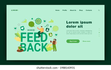 Cartoon tiny people getting or giving feedback online. Flat vector illustration. Customer voting, reviewing, assessment, CRM system. Management, business success concept