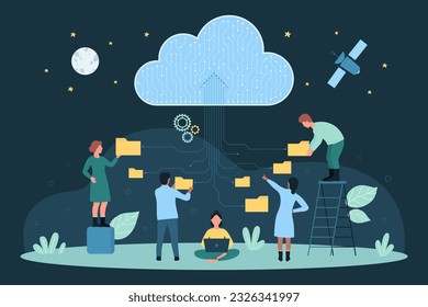 Cartoon tiny people holding folders with files to download information to server, characters upload backup of documents and archives. Cloud data storage, network technology dark vector illustration.