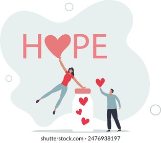 Cartoon tiny people holding hearts to throw into donation glass jar near Hope word.flat illustration