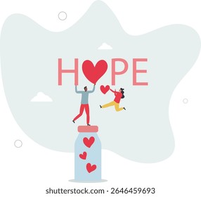 Cartoon tiny people holding hearts to throw into donation glass jar near Hope word. character life .