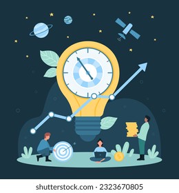 Cartoon tiny people holding target, laptop and money, control workflow process, deadline big timer inside light bulb. Time management, creative project organization dark concept vector illustration