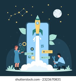 Cartoon winzige Menschen, die eine schnelle Rakete vom Bildschirm des Telefons starten, verstärken die Startideen und den Projektfreigabedienst. Mobile App-Einführung und Entwicklung von Smartphone-Applikationen, Vektor-Dark-Konzept