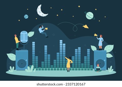 Cartoon winzige Menschen hören und aufnehmen Musik und Stimme mit großem Mikrofon und Lautsprechern, Equalizer-System mit digitaler Signalform-Grafik des Audiosignals. Lautstärkeregelung, dunkle Vektorgrafik