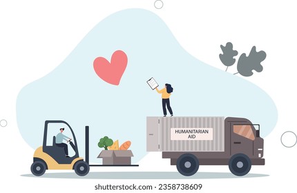 Cartoon tiny people loading boxes of humanitarian aid with forklift into truck.flat vector illustration