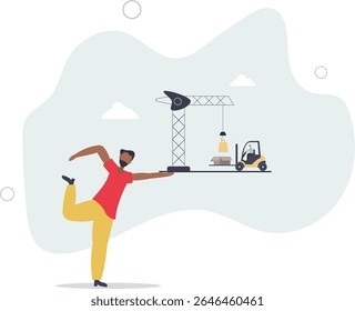 Cartoon tiny people loading boxes of humanitarian aid with forklift, construction crane. character life .