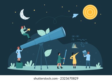 Cartoon tiny people look through big telescope at future target and success opportunity, work on financial analysis and forecast with calculator and pencil. Business growth, vision vector illustration