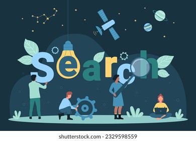 Cartoon tiny people look through magnifying glass at search lettering, user characters explore internet and find information in website. Web search, analytics and algorithms dark vector illustration