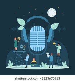 Cartoon tiny people record sound with big microphone, listen voice messages with headphones, characters making online broadcast talk show with modern equipment. Audio podcast dark vector illustration.